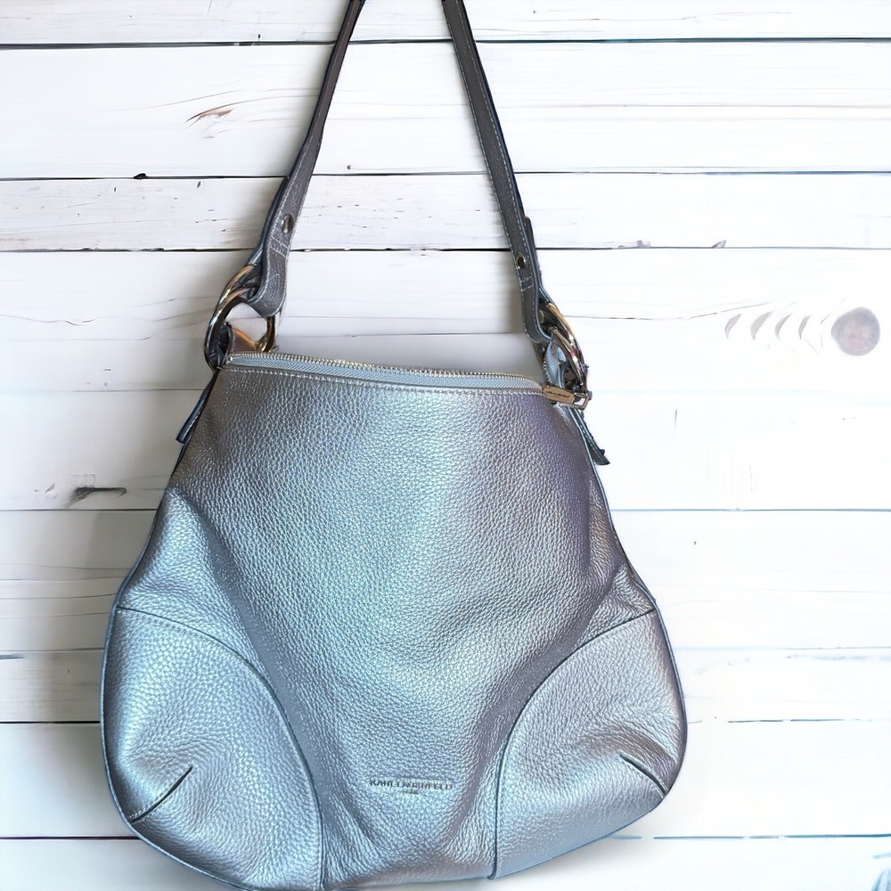 Karl Lagerfeld Paris Silver Pebbled Leather Hobo Shoulder Bag Purse Handbag EUC